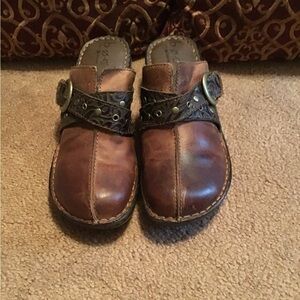 Born Brown Leather Mules with Buckle Detail
